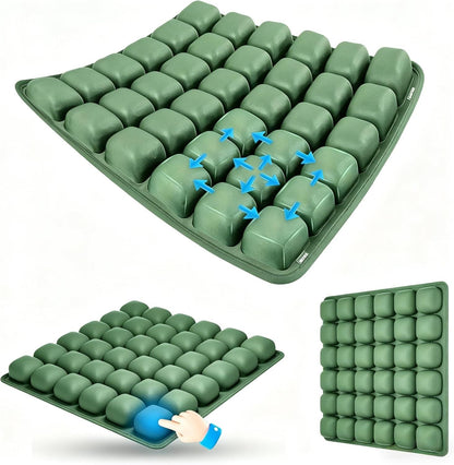 Dark Green Portable 3D Aircell Travel Inflatable Seat Cushion with Built-in Pump – 36 Airbags Ergonomic Pressure Relief Pad with Lycra Cover & Non-Slip Base for Office Car Flight Long Sitting
