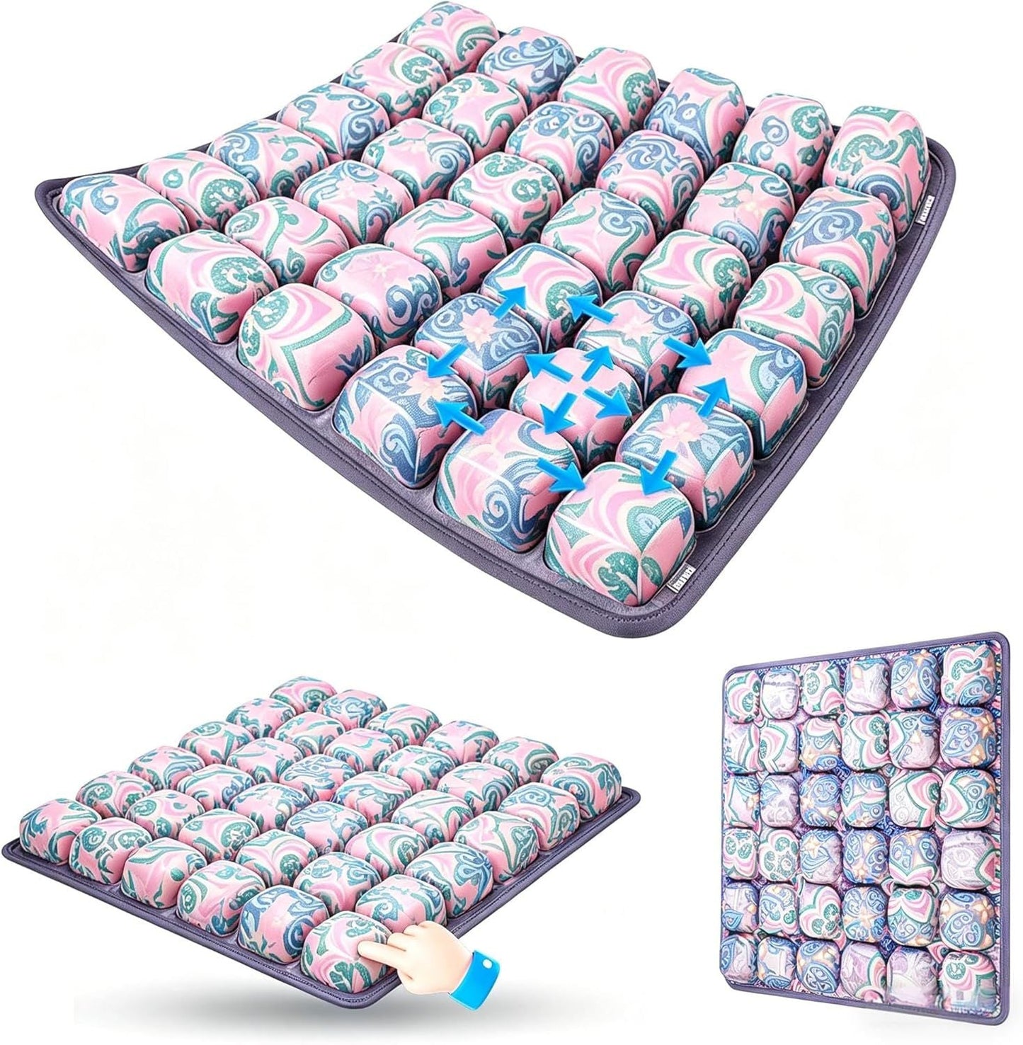 Bohemian Style Portable 3D Aircell Travel Inflatable Seat Cushion with Built-in Pump – 36 Airbags Ergonomic Pressure Relief Pad with Lycra Cover & Non-Slip Base for Office Car Flight Long Sitting