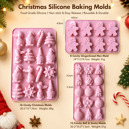 3-Piece Christmas Non-Stick Silicone Baking Mould Set of Santa, Reindeer, Gingerbread Man & Bell Shapes for Chocolate, Candy,  and Mousse Dessert - Easy to Release and Clean, Ideal Making Tools for Christmas in July, Winter Christmas & Secret Santa Gift