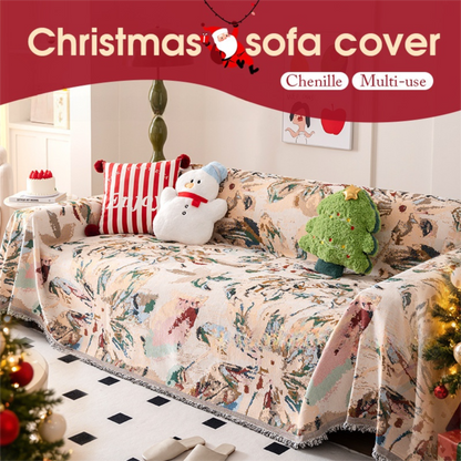 180 x 340 CM Christmas Jacquard Chenille Sofa Cover Throw Blanket with Tassel Fringe (Style 1), Elegant Festive Couch Protector Slipcover for Holiday Home Decor and Multi-Purpose Use
