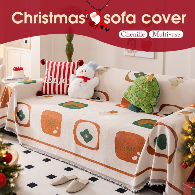 180 x 340 CM Christmas Jacquard Chenille Sofa Cover Throw Blanket with Tassel Fringe (Style 2), Elegant Festive Couch Protector Slipcover for Holiday Home Decor and Multi-Purpose Use