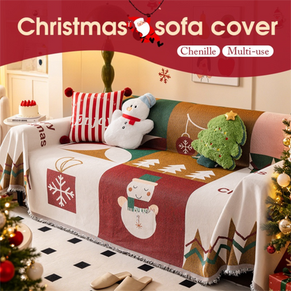 180 x 340 CM Christmas Jacquard Chenille Sofa Cover Throw Blanket with Tassel Fringe (Style 3), Elegant Festive Couch Protector Slipcover for Holiday Home Decor and Multi-Purpose Use