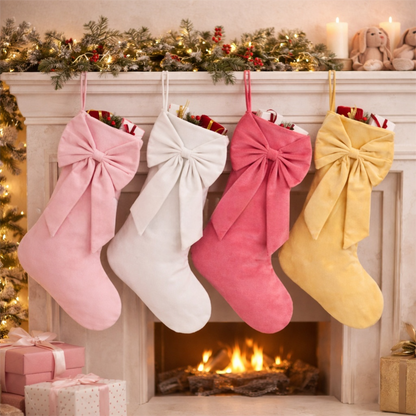 18 Inch Oversized Luxury Velvet Christmas Stocking with Bow & Loop, Fireplace Hanging Gift Bag, Holiday Mantel Decor and Present Holder, 4PCS Set in Watermelon red Pink White Yellow