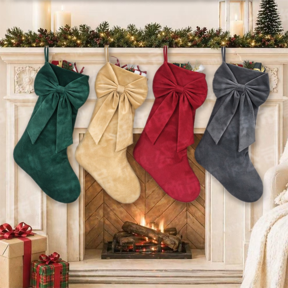 18 Inch Oversized Green Luxury Velvet Christmas Stocking with Bow & Loop, Fireplace Hanging Gift Bag, Holiday Mantel Decor and Present Holder