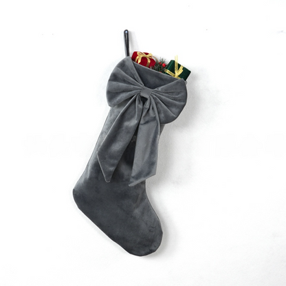 18 Inch Oversized Grey Luxury Velvet Christmas Stocking with Bow & Loop, Fireplace Hanging Gift Bag, Holiday Mantel Decor and Present Holder