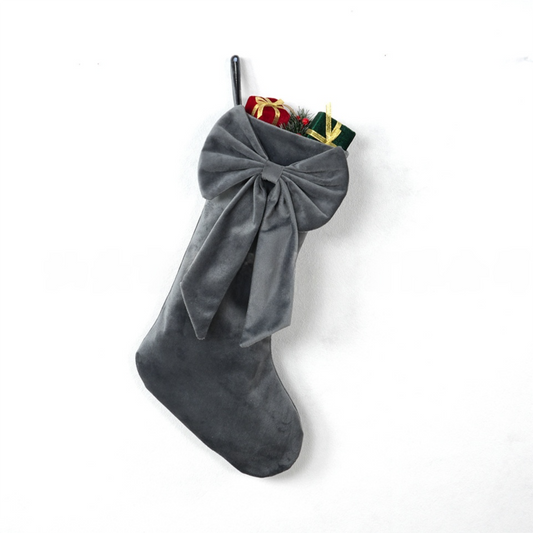 18 Inch Oversized Grey Luxury Velvet Christmas Stocking with Bow & Loop, Fireplace Hanging Gift Bag, Holiday Mantel Decor and Present Holder