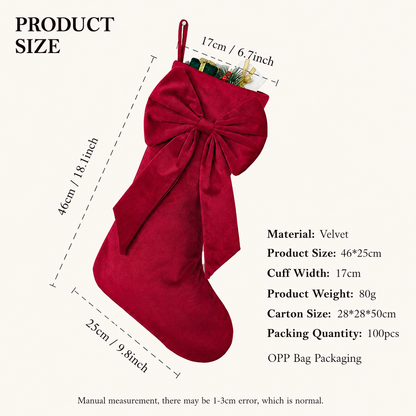 18 Inch Oversized Watermelon Red Luxury Velvet Christmas Stocking with Bow & Loop, Fireplace Hanging Gift Bag, Holiday Mantel Decor and Present Holder