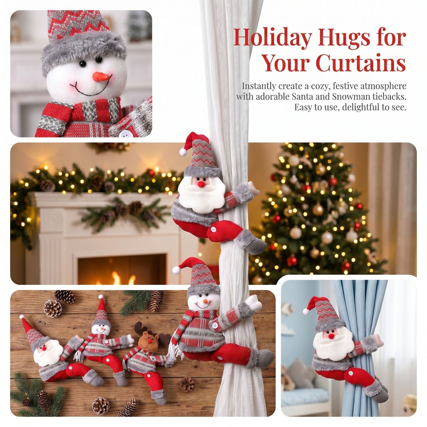 Snowman Christmas Curtain Tiebacks, Large Plush Doll Holdbacks - Curtain Festival Charm for Christmas in July, Winter Christmas, Yulefest, Secret Santa Gift