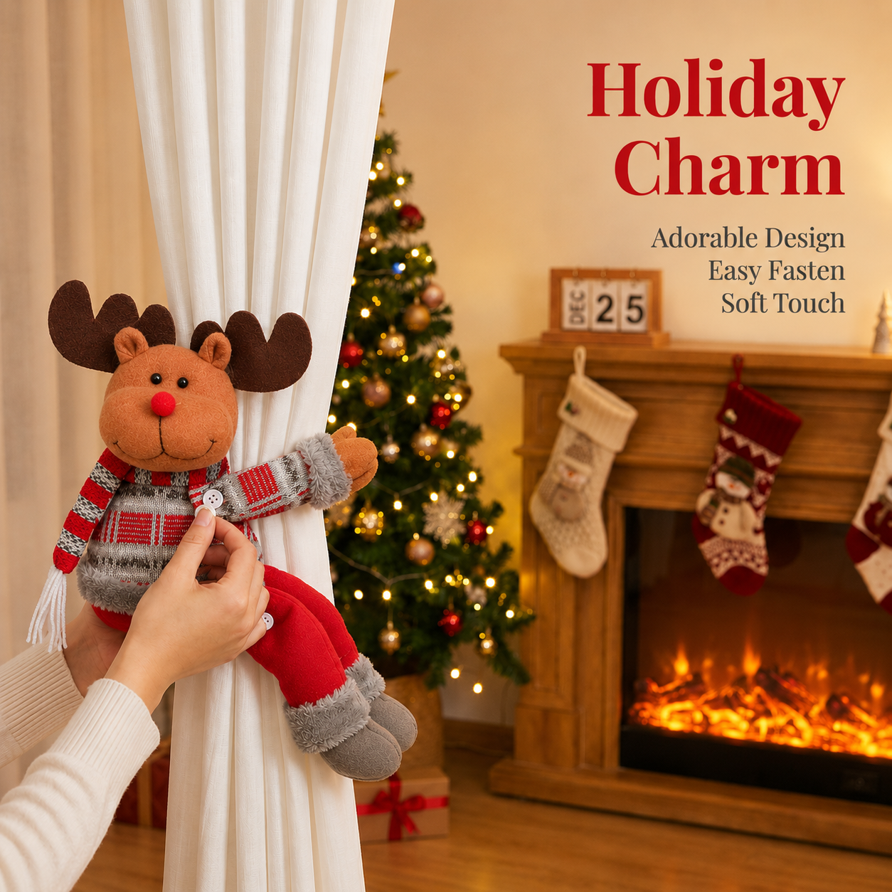Reindeer Christmas Curtain Tiebacks, Large Plush Doll Holdbacks - Curtain Festival Charm for Christmas in July, Winter Christmas, Yulefest, Secret Santa Gift