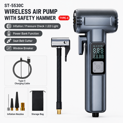 6-in-1 Portable Multifunctional Wireless Car Air Pump – Portable Smart Digital Tyre Inflator with Integrated Window Breaker, Seatbelt Cutter, Power Bank Function, and High-Bright LED SOS Emergency Light