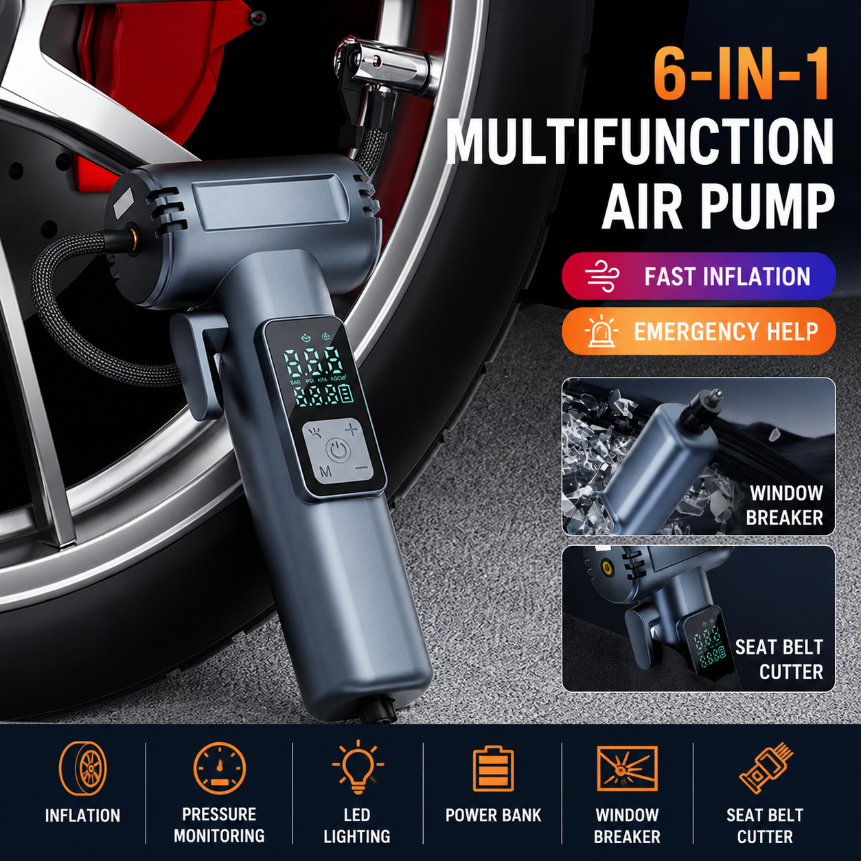 6-in-1 Portable Multifunctional Wireless Car Air Pump – Portable Smart Digital Tyre Inflator with Integrated Window Breaker, Seatbelt Cutter, Power Bank Function, and High-Bright LED SOS Emergency Light