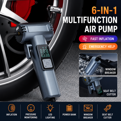 6-in-1 Portable Multifunctional Wireless Car Air Pump – Portable Smart Digital Tyre Inflator with Integrated Window Breaker, Seatbelt Cutter, Power Bank Function, and High-Bright LED SOS Emergency Light