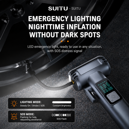6-in-1 Portable Multifunctional Wireless Car Air Pump – Portable Smart Digital Tyre Inflator with Integrated Window Breaker, Seatbelt Cutter, Power Bank Function, and High-Bright LED SOS Emergency Light