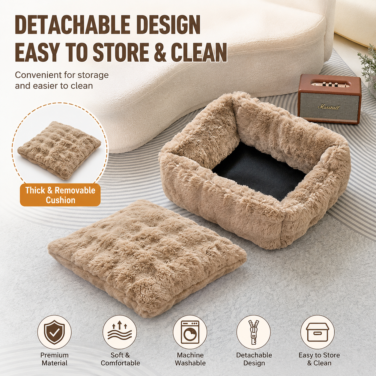 Brown Bubble Plush Pet Sofa Bed with Removable Cushion M Size 70*55*23 cm – Ultra-Soft Winter Thickened Warm Pet Nest with Raised Bolster Edges, Washable Plush Cover and Non-Slip Base, Cozy and Soft Sleeping Space for Dog & Cat Home Use