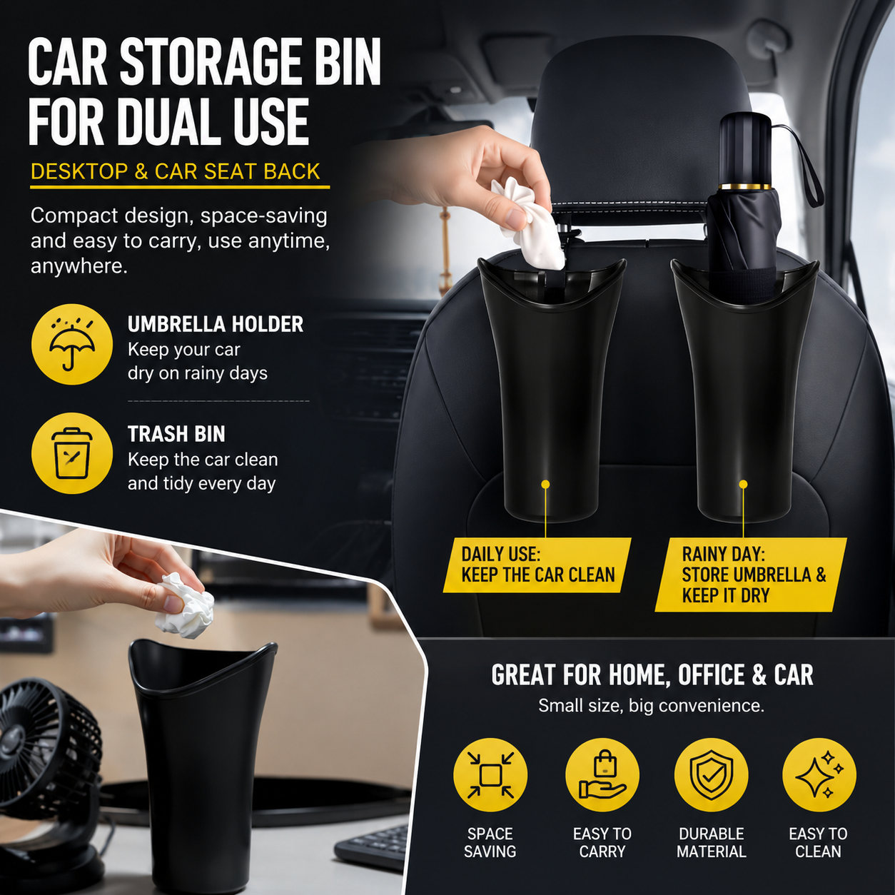 2-Pack Car Umbrella Holder & Waterproof Storage Bucket with Hanging Hook – Multi-Purpose Umbrella Organizer, Seat Back Trash Bin & Storage Container for Vehicle Home Office Use