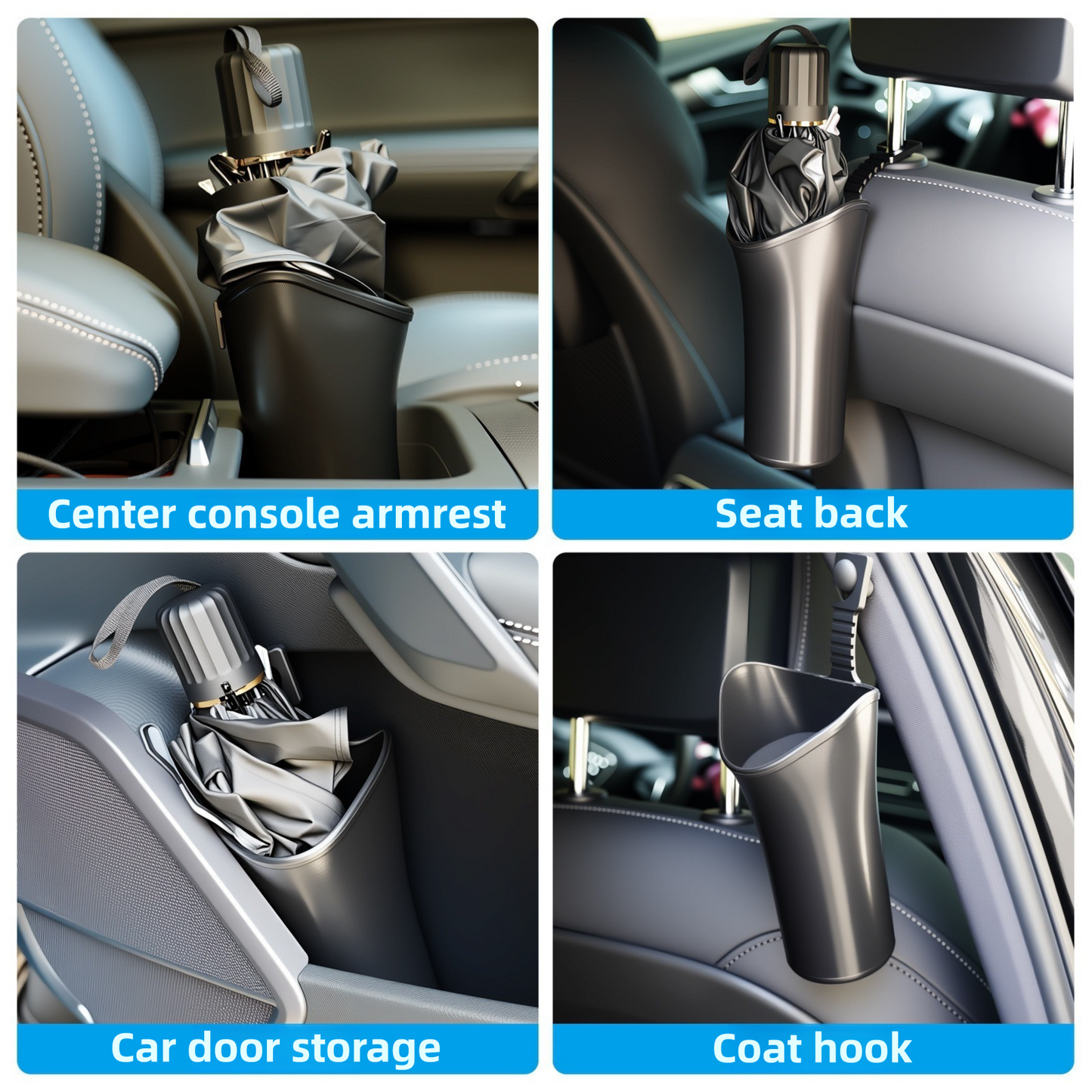 2-Pack Car Umbrella Holder & Waterproof Storage Bucket with Hanging Hook – Multi-Purpose Umbrella Organizer, Seat Back Trash Bin & Storage Container for Vehicle Home Office Use