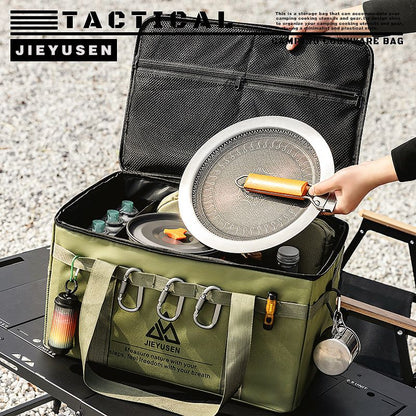 30L Collapsible Outdoor Tactical Organizer, Oxford Fabric Large Capacity Camping Gear Storage Bin with Waterproof PVC Base & Hanging Webbing for Picnic, Hiking, Camping & Kitchen Utensils, Khaki 38 x 26 x 30cm