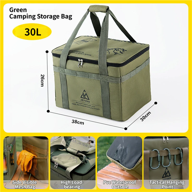 30L Collapsible Outdoor Tactical Organizer, Oxford Fabric Large Capacity Camping Gear Storage Bin with Waterproof PVC Base & Hanging Webbing for Picnic, Hiking, Camping & Kitchen Utensils, Green 38 x 26 x 30cm