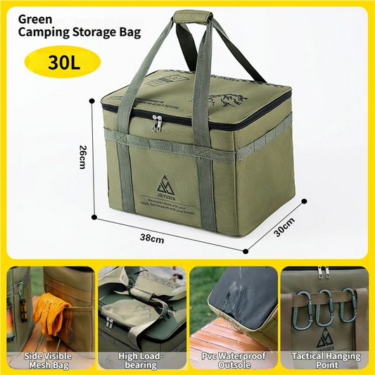 30L Collapsible Outdoor Tactical Organizer, Oxford Fabric Large Capacity Camping Gear Storage Bin with Waterproof PVC Base & Hanging Webbing for Picnic, Hiking, Camping & Kitchen Utensils, Green 38 x 26 x 30cm