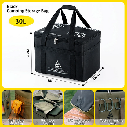 30L Collapsible Outdoor Tactical Organizer, Oxford Fabric Large Capacity Camping Gear Storage Bin with Waterproof PVC Base & Hanging Webbing for Picnic, Hiking, Camping & Kitchen Utensils, Black 38 x 26 x 30cm