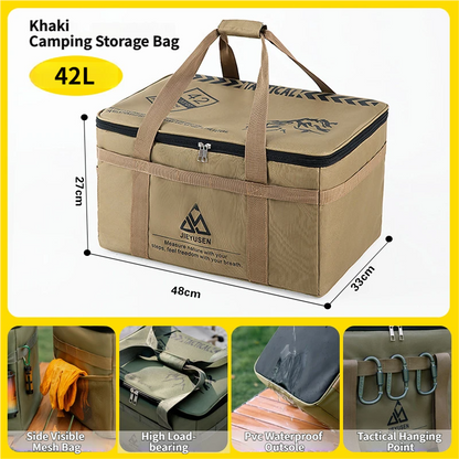 42L Collapsible Outdoor Tactical Organizer, Oxford Fabric Large Capacity Camping Gear Storage Bin with Waterproof PVC Base & Hanging Webbing for Picnic, Hiking, Camping & Kitchen Utensils, Khaki 38 x 26 x 30cm