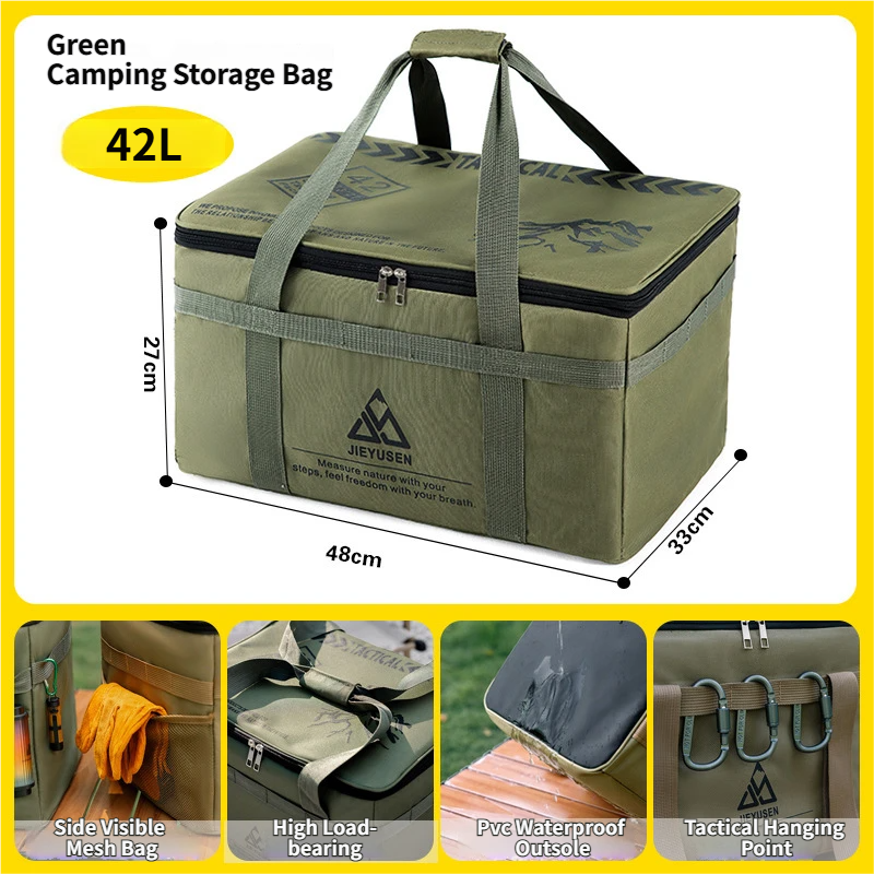 42L Collapsible Outdoor Tactical Organizer, Oxford Fabric Large Capacity Camping Gear Storage Bin with Waterproof PVC Base & Hanging Webbing for Picnic, Hiking, Camping & Kitchen Utensils, Green 38 x 26 x 30cm