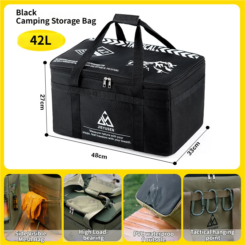 42L Collapsible Outdoor Tactical Organizer, Oxford Fabric Large Capacity Camping Gear Storage Bin with Waterproof PVC Base & Hanging Webbing for Picnic, Hiking, Camping & Kitchen Utensils, Black 48 x 27 x 33cm
