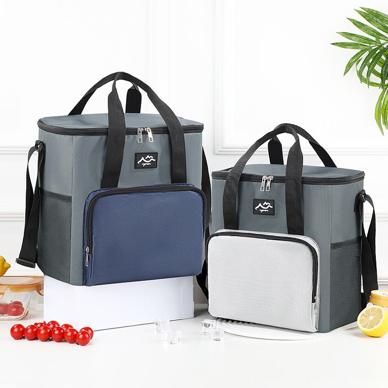 17L Large Capacity Insulated Cooler Bag, Muti Pockets Oxford Fabric Lunch Tote – Foldable 3-Layer Thermal Storage Crossbody Bag with Shoulder Strap, 2-Pack Gray and Navy Blue