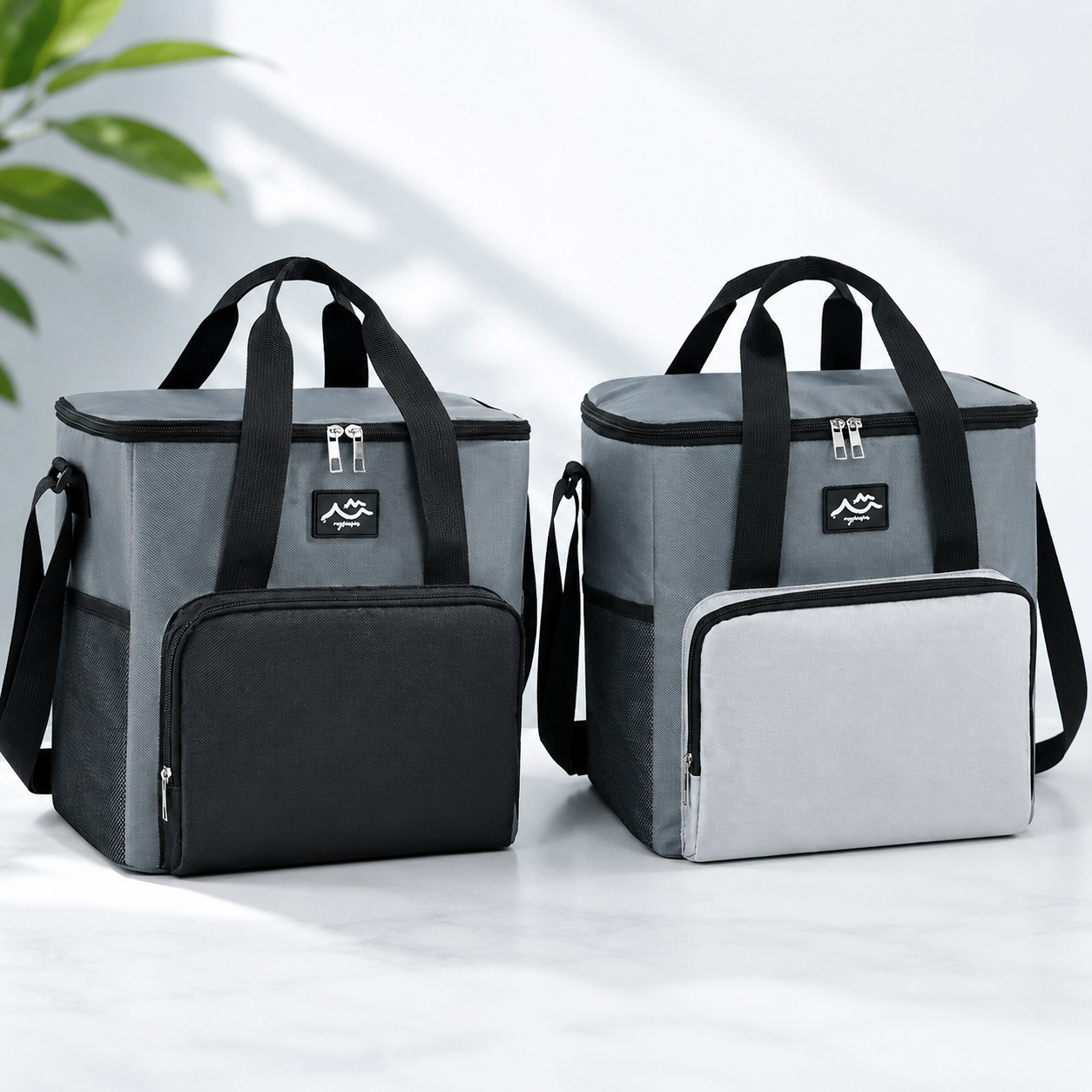 17L Large Capacity Insulated Cooler Bag, Muti Pockets Oxford Fabric Lunch Tote – Foldable 3-Layer Thermal Storage Crossbody Bag with Shoulder Strap, 2-Pack Gray and Black
