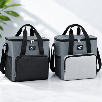 17L Large Capacity Insulated Cooler Bag, Muti Pockets Oxford Fabric Lunch Tote – Foldable 3-Layer Thermal Storage Crossbody Bag with Shoulder Strap, 2-Pack Gray and Black