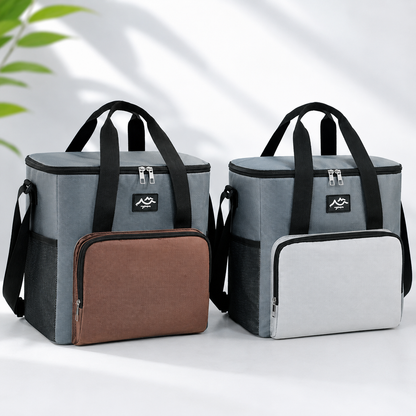 17L Large Capacity Insulated Cooler Bag, Muti Pockets Oxford Fabric Lunch Tote – Foldable 3-Layer Thermal Storage Crossbody Bag with Shoulder Strap, 2-Pack Gray and Coffee