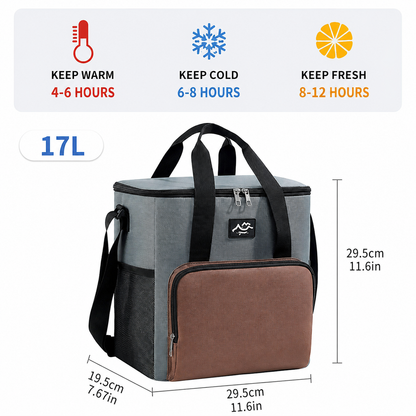 17L Large Capacity Insulated Cooler Bag, Muti Pockets Oxford Fabric Lunch Tote – Foldable 3-Layer Thermal Storage Crossbody Bag with Shoulder Strap, 2-Pack Gray and Coffee