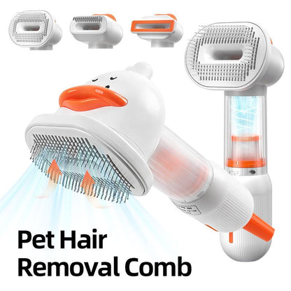 White Rechargeable Pet Grooming Vacuum Brush and Hair Deshedding Comb with 140° Curved Pin Comb & Removable Collection Chamber, 4-in-1 Self-Cleaning Slicker Brush, Detangling Rake, Silicone Cleaning Brush & Blow Nozzle for Cats and Dogs