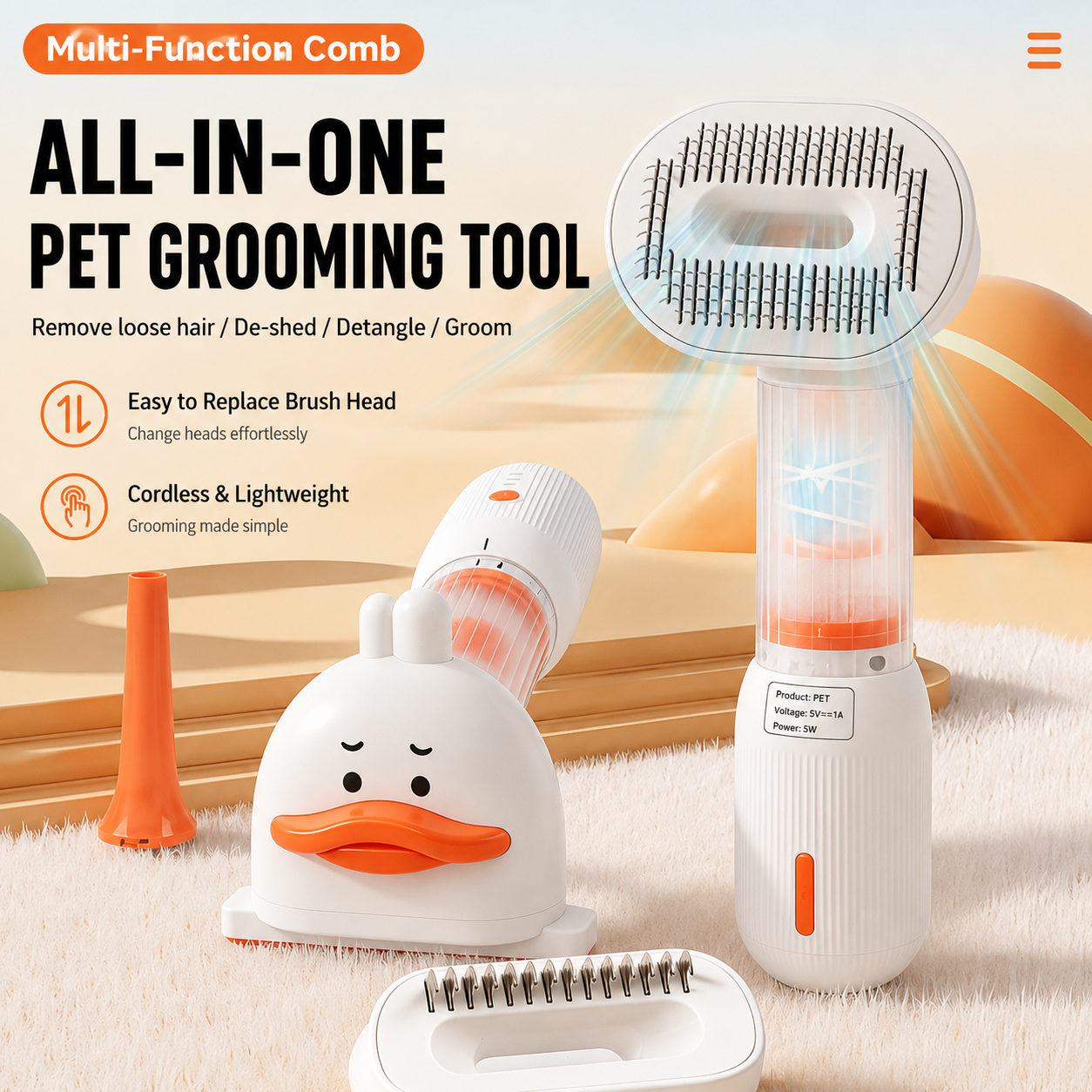 White Rechargeable Pet Grooming Vacuum Brush and Hair Deshedding Comb with 140° Curved Pin Comb & Removable Collection Chamber, 4-in-1 Self-Cleaning Slicker Brush, Detangling Rake, Silicone Cleaning Brush & Blow Nozzle for Cats and Dogs