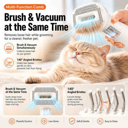 White Rechargeable Pet Grooming Vacuum Brush and Hair Deshedding Comb with 140° Curved Pin Comb & Removable Collection Chamber, 4-in-1 Self-Cleaning Slicker Brush, Detangling Rake, Silicone Cleaning Brush & Blow Nozzle for Cats and Dogs