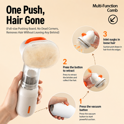 White Rechargeable Pet Grooming Vacuum Brush and Hair Deshedding Comb with 140° Curved Pin Comb & Removable Collection Chamber, 4-in-1 Self-Cleaning Slicker Brush, Detangling Rake, Silicone Cleaning Brush & Blow Nozzle for Cats and Dogs