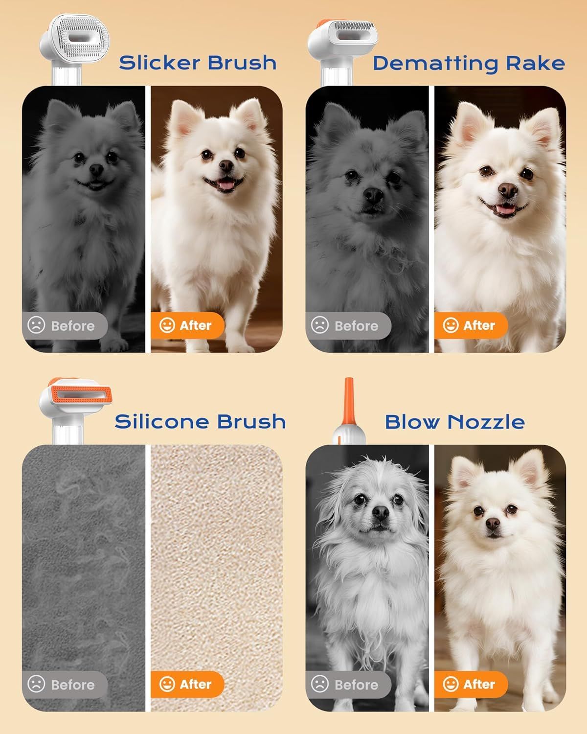 White Rechargeable Pet Grooming Vacuum Brush and Hair Deshedding Comb with 140° Curved Pin Comb & Removable Collection Chamber, 4-in-1 Self-Cleaning Slicker Brush, Detangling Rake, Silicone Cleaning Brush & Blow Nozzle for Cats and Dogs
