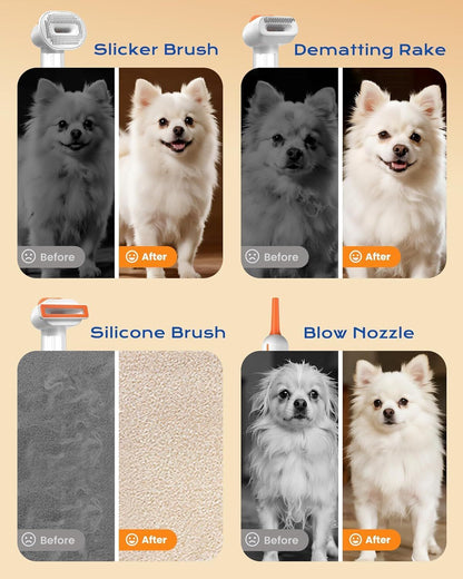 White Rechargeable Pet Grooming Vacuum Brush and Hair Deshedding Comb with 140° Curved Pin Comb & Removable Collection Chamber, 4-in-1 Self-Cleaning Slicker Brush, Detangling Rake, Silicone Cleaning Brush & Blow Nozzle for Cats and Dogs