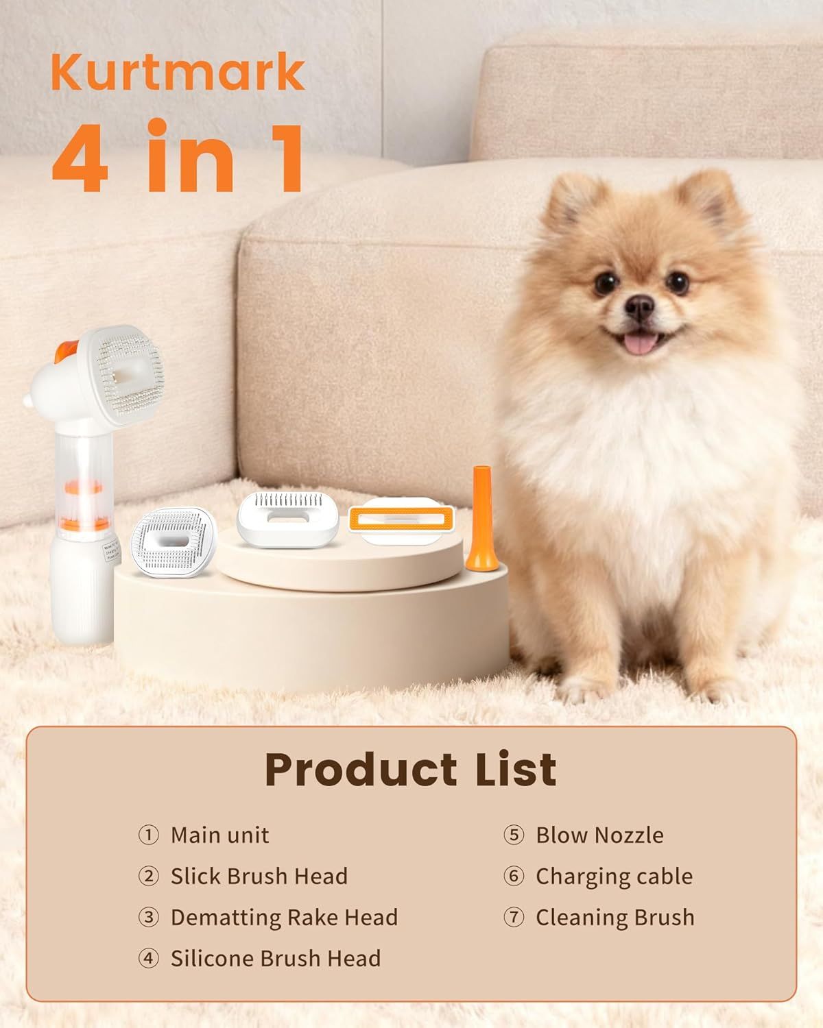 White Rechargeable Pet Grooming Vacuum Brush and Hair Deshedding Comb with 140° Curved Pin Comb & Removable Collection Chamber, 4-in-1 Self-Cleaning Slicker Brush, Detangling Rake, Silicone Cleaning Brush & Blow Nozzle for Cats and Dogs