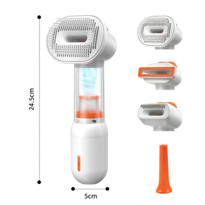 White Rechargeable Pet Grooming Vacuum Brush and Hair Deshedding Comb with 140° Curved Pin Comb & Removable Collection Chamber, 4-in-1 Self-Cleaning Slicker Brush, Detangling Rake, Silicone Cleaning Brush & Blow Nozzle for Cats and Dogs