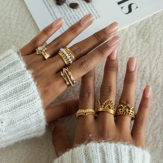 6-Piece Vintage Gold-Plated Stainless Steel Ring Set for Women - Waterproof Hypoallergenic Stackable Statement Rings, Crown Pearl Crystal & Lace Style Collection Size 7 Inner Diameter 0.68 in