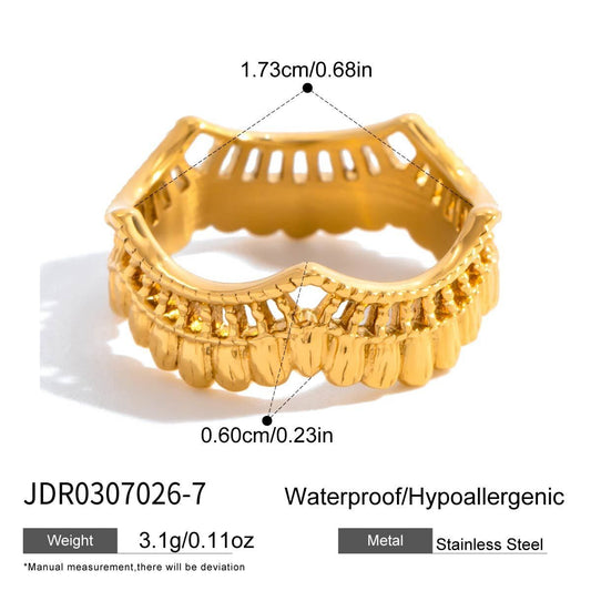 Style 1 Vintage Gold-Plated Stainless Steel Ring for Women - Waterproof Hypoallergenic Stackable Statement Rings, Crown Pearl Crystal & Lace Style Collection Size 7 Inner Diameter 0.68 in
