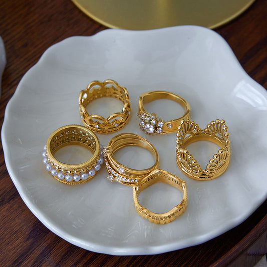 Style 4 Vintage Gold-Plated Stainless Steel Ring for Women - Waterproof Hypoallergenic Stackable Statement Rings, Crown Pearl Crystal & Lace Style Collection Size 7 Inner Diameter 0.68 in