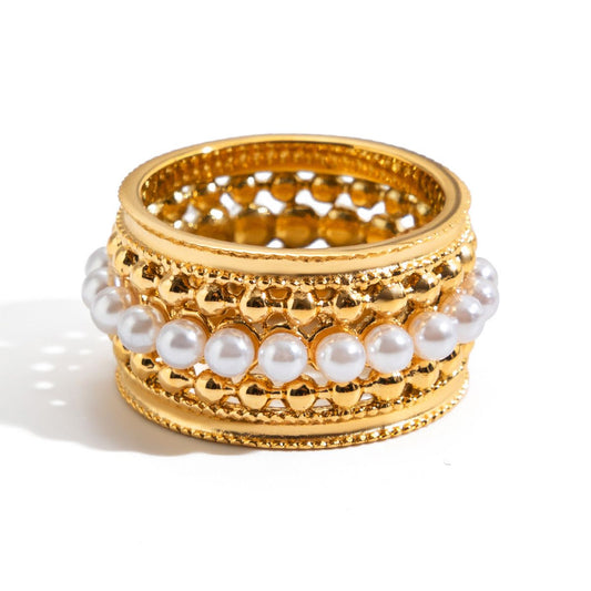 Style 5 Vintage Gold-Plated Stainless Steel Ring for Women - Waterproof Hypoallergenic Stackable Statement Rings, Crown Pearl Crystal & Lace Style Collection Size 7 Inner Diameter 0.68 in