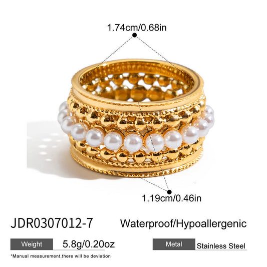 Style 5 Vintage Gold-Plated Stainless Steel Ring for Women - Waterproof Hypoallergenic Stackable Statement Rings, Crown Pearl Crystal & Lace Style Collection Size 7 Inner Diameter 0.68 in