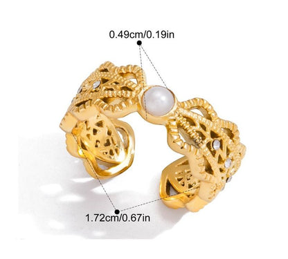 Style 7 Vintage Gold-Plated Stainless Steel Ring for Women - Waterproof Hypoallergenic Stackable Statement Rings, Crown Pearl Crystal & Lace Style Collection Inner Diameter 0.67 in