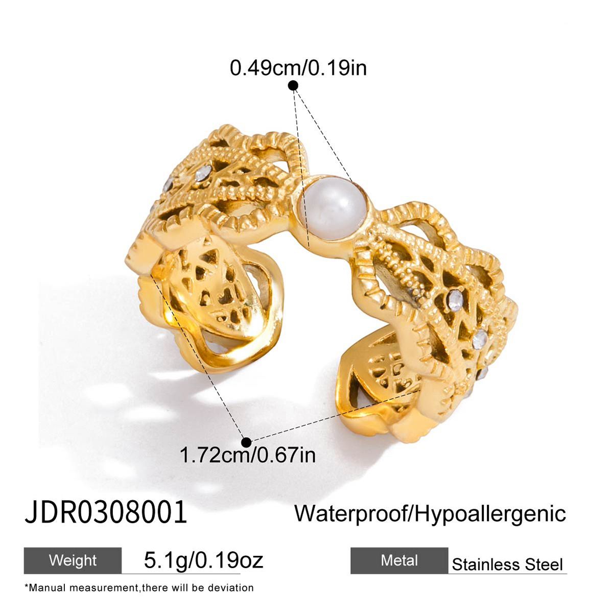 Style 7 Vintage Gold-Plated Stainless Steel Ring for Women - Waterproof Hypoallergenic Stackable Statement Rings, Crown Pearl Crystal & Lace Style Collection Inner Diameter 0.67 in