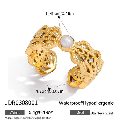 Style 7 Vintage Gold-Plated Stainless Steel Ring for Women - Waterproof Hypoallergenic Stackable Statement Rings, Crown Pearl Crystal & Lace Style Collection Inner Diameter 0.67 in