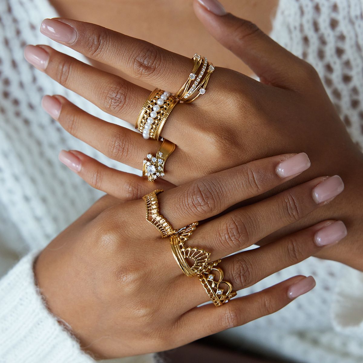 Style 7 Vintage Gold-Plated Stainless Steel Ring for Women - Waterproof Hypoallergenic Stackable Statement Rings, Crown Pearl Crystal & Lace Style Collection Inner Diameter 0.67 in