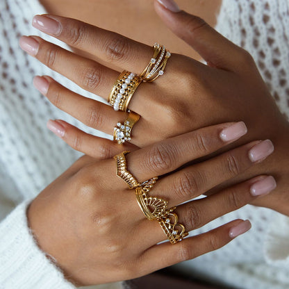 Style 7 Vintage Gold-Plated Stainless Steel Ring for Women - Waterproof Hypoallergenic Stackable Statement Rings, Crown Pearl Crystal & Lace Style Collection Inner Diameter 0.67 in